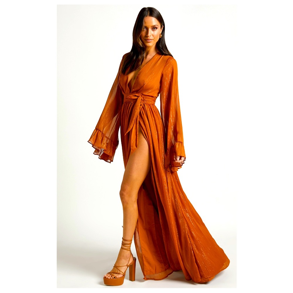 Showpo. - DANGEROUS WOMAN MAXI DRESS - PLUNGE THIGH SPLIT DRESS IN RUST